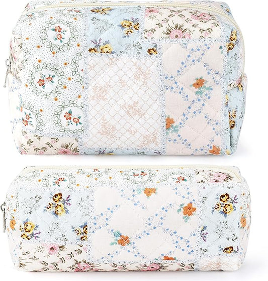 2Pcs Cotton Quilted Makeup Bag for Women Girls Coquette Small Floral Cosmetic Bags Cute Zipper Pencil Pouch Aesthetic Makeup Pouch Trendy Cloth Bee&Flower Travel Toiletry Skincare Bag