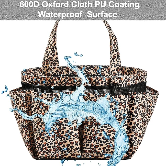 Haundry Mesh Shower Caddy Bag, Portable Basket Organizer with Key Hook for College Dorm Bathroom Camp Gym, Hanging Tote Bag with 8 Pockets, Leopard