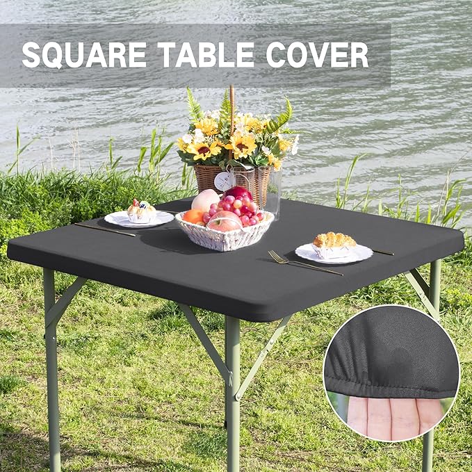 Square Fitted Table Cover Elastic Tablecloth Stretch Spandex Table Top Cover Table Topper Cap for Dining Kitchen Home Party Grey 34X34 Inch