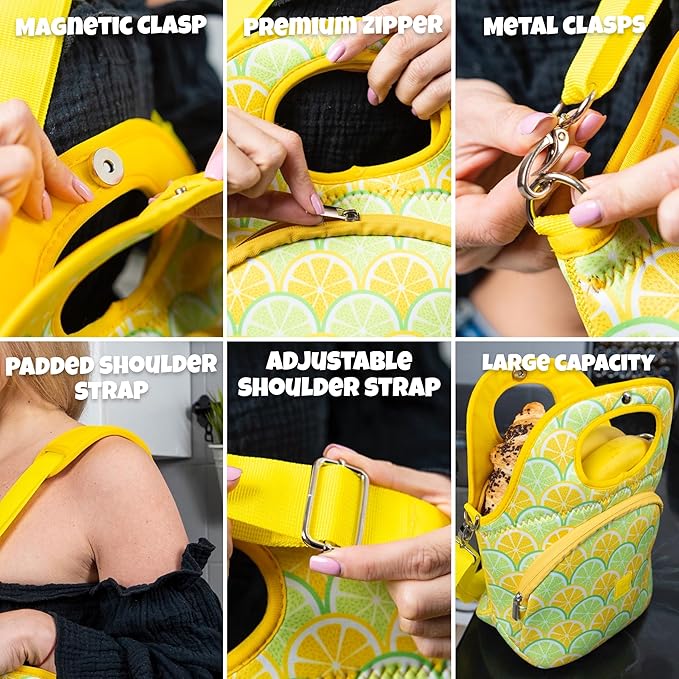 Made Easy Kit Large Insulated Lunch Tote Bag – Stylish Neoprene Carrier Foil Lining, Front Zipper Pocket & Shoulder Strap – Machine Washable, Lightweight, Travel Ready (Lemon & Lime)
