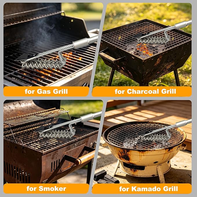 Grill Brush with Scraper Bristle Free – Stainless BBQ Grill Brush for Outdoor Grill with Removable Metal Handle, Safe Grill Accessories for Gas/Charcoal Grill - for Home, Camping, Backyard