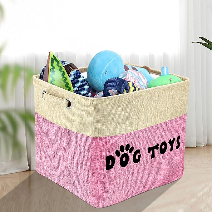 PET ARTIST Large Dog Toy Basket Bin - Rectangular Storage Box Chest Organizer for Dog Toys,Coats,Clothing,Apparel & Accessories & Blanket,Pink,15"x13"x12"