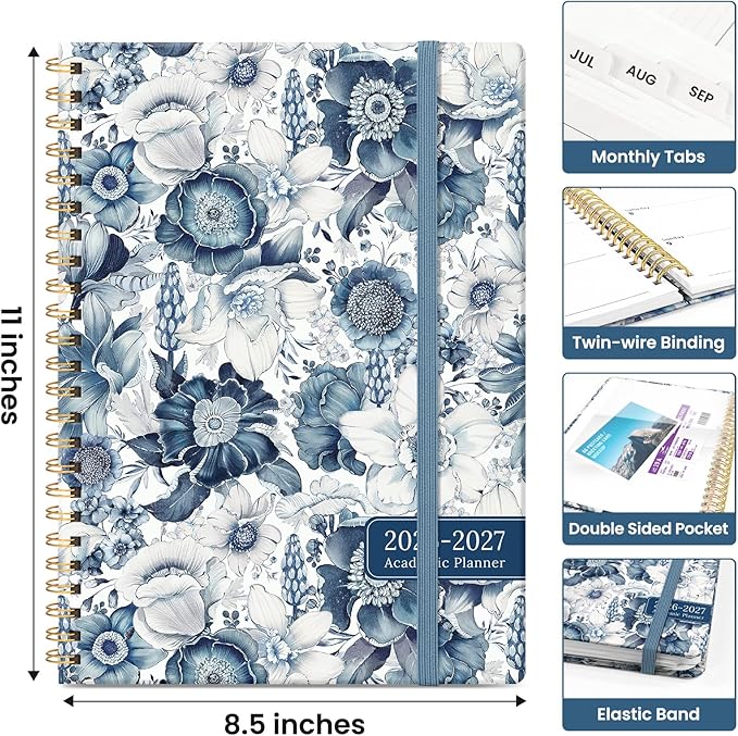 Planner 2026-2027, Academic Monthly and Weekly Calendar Planner for Women, July 2026 - June 2027, Hardcover Pretty Agenda Planner Book with Tabs, Spiral Daily Organizer for School Office Home Supplies, 8.5" x 11" - Blue Floral