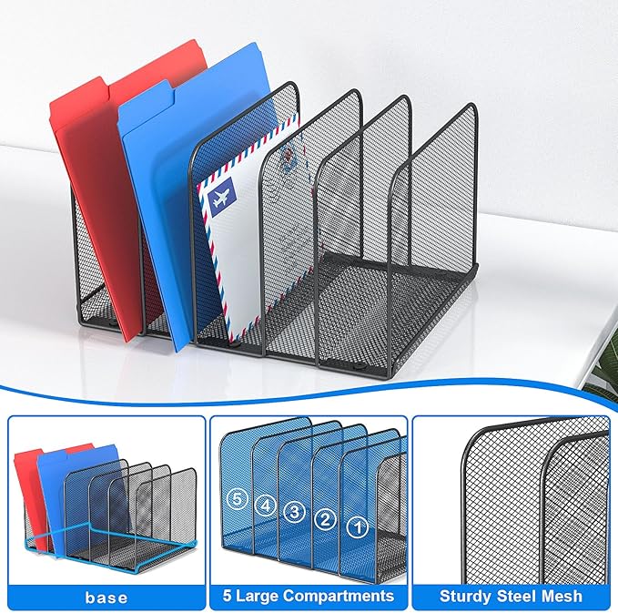 5 Sections Desk File Holder/Rack/Sorter,Mesh File Organizer,File Folder Organizer,Metal Upright Desktop Organization for Documents,Magazine,Kitchenware,Antiskid,Antirust,Sturdy,2 Packs