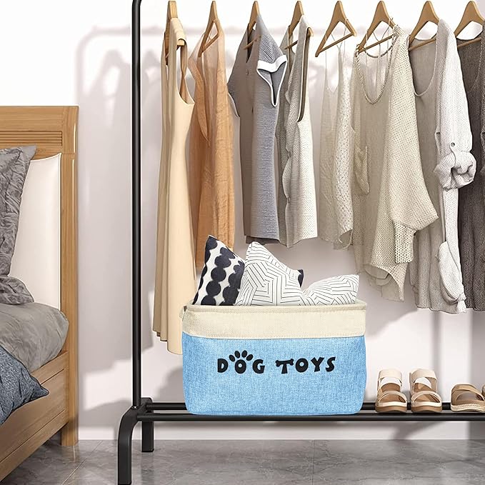PET ARTIST Dog Toy Basket, Collapsible Dog Toy Bin Box with Comfortable Handles, Large Pet Toy Storage Organizer for Accessories, Toys, Coat & Clothing, Blanket & Leash, Blue, 15"x11"x9"