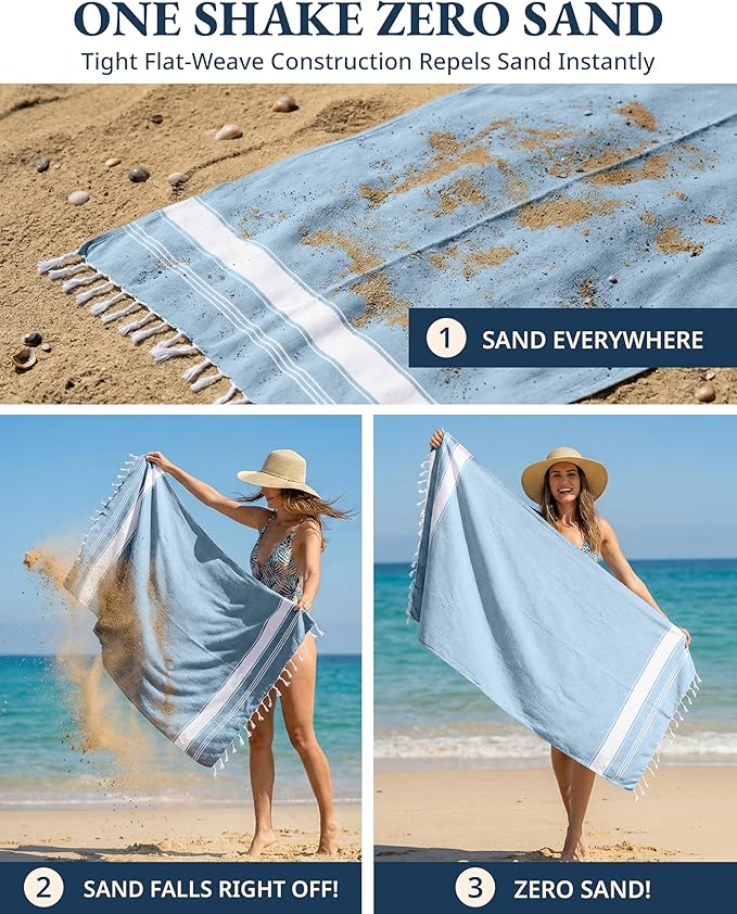 LANE LINEN Turkish Beach Towel, Oversized Beach Towel 39"x71", Lightweight Beach Essentials for Women, Large Pool Towel, Absorbent & Quick Dry, Sand Free Beach Towel - Sky Blue