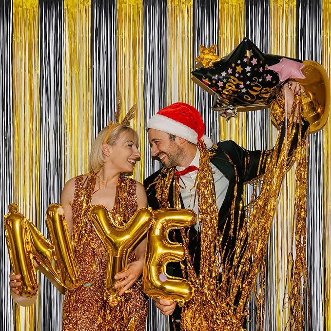 Foil Fringe Curtains New Year’s Eve Party Decorations - Melsan 3 Pack 3.2 x 8.2 ft Black Tinsel Curtain Photo Backdrop for Birthday Decorations Retirement Party Decorations Black
