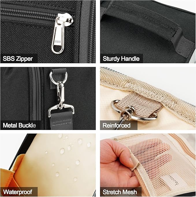 Hanging Travel Toiletry Bag for Women and Men, 6 Organizer Compartments, Large Toiletries Essentials, Bathroom Cosmetic Accessories, Water-resistant Makeup Bag, Holds Full-Size Shampoo, Black
