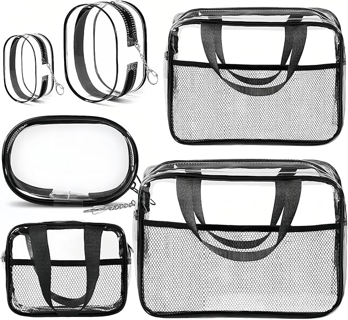XEWEA Clear Travel Toiletry Bags & Small Electronic Accessories Organizer Case, 6 PCS TSA Approved Transparent Makeup Bag for Women Men, Waterproof PVC Quart Pouch with Zipper for Airline Essentials