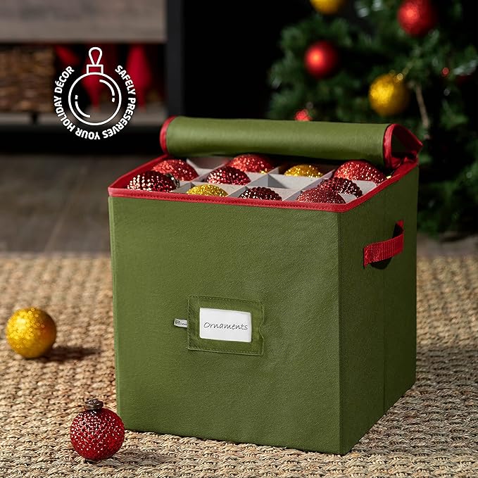 ZOBER Christmas Ornament Storage Box - Stores 64 3" Ornaments, With Dividers - Ornament Organizer Storage Box, Durable Christmas Containers Holder, Dual Zipper - Green