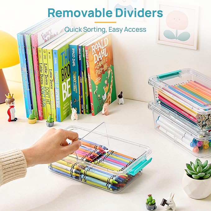 Vtopmart 4 Pack 1.5Qt Clear Pencil Box, Plastic Pencil Holder with Removable Divider for Pen Organizer, Small Stackable Containers with Lid for Pen, Art Craft, Sticker, Scrapbook & Office Supplies