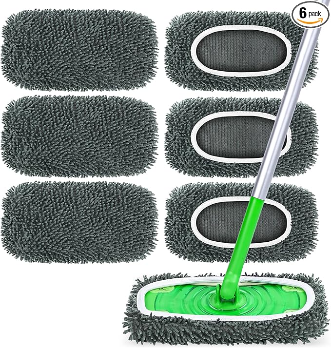 6-Pack Reusable Microfiber Mop Pads Compatible with Swiffer Sweeper, Dry & Wet Sweeping Cloths - Washable Wet Pads Refill for Multi-Surface/Hardwood Floor Cleaning -Grey