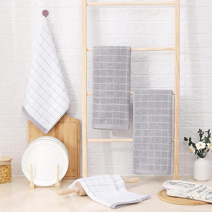 Homaxy 100% Cotton Terry Kitchen Towels(White and Light Grey, 13 x 28 Inches), Checkered Designed, Soft and Super Absorbent Dish Towels, 4 Pack