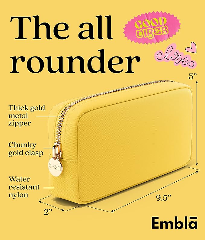 Embla Makeup Bag Travel Cosmetics Pouch and Toiletry Bag, Nylon Zipper Pouch Purse, Cute Make Up Organizer Storage Tote for Women Girls, Waterproof Travel Skincare Case, Small Makeup Bags, Lemon