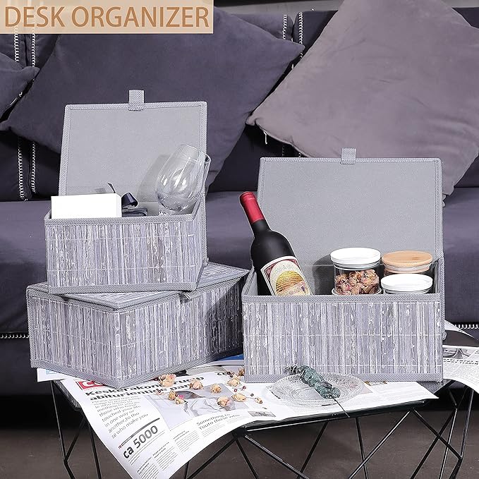 Honygebia Bamboo Decorative Storage Boxes - Set of 3 Woven Lined Storage Basket with Lids, Grey Marble Wicker Lidded Baskets for Home Kitchen Shelf Organizer Decor