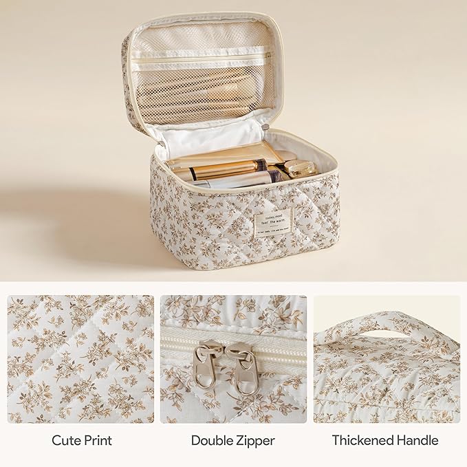 HBselect Quilted Makeup Bag, 3PCS Cotton Large Travel Makeup Bag, Cute Floral Coquette Make up Bag Cosmetic Bag Toiletry Bag for Women Girls