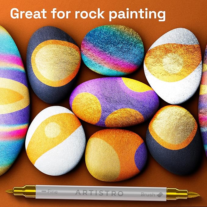 ARTISTRO 24 Metallic Acrylic Paint Markers - Paint Pens for Drawing, Brush + Fine Tips - For Fabric, Rock, Glass, Wood, DIY - Art & Craft Supplies for Adults, Teens, Kids - Teacher Appreciation Gift