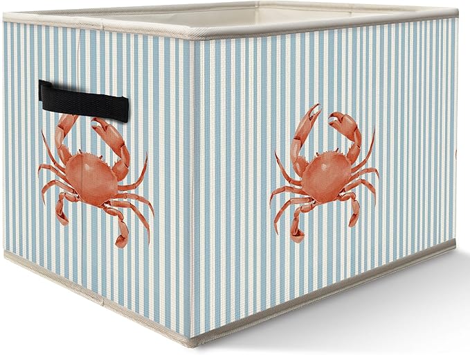Blue Coastal Beach Crab Storage Bins Box with Handles, Blue Striped Ocean Crab Collapsible Fabric Storage Basket Box Organizer for Bedroom Bathroom Clothes Toys Books