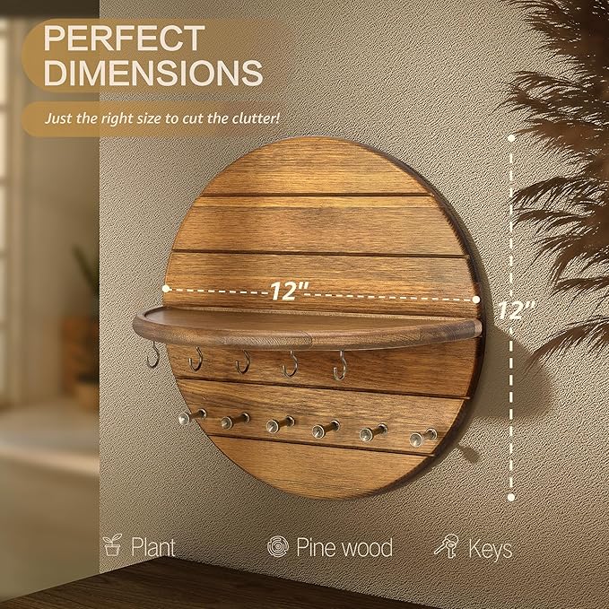 Rebee Vision Pine Wood Key Holder Wall Mount - Farmhouse Key and Mail Holder for Wall with Hooks and Decorative Wall Shelf - Perfect for Apartment Essentials in Your Home Decor (Yellow)
