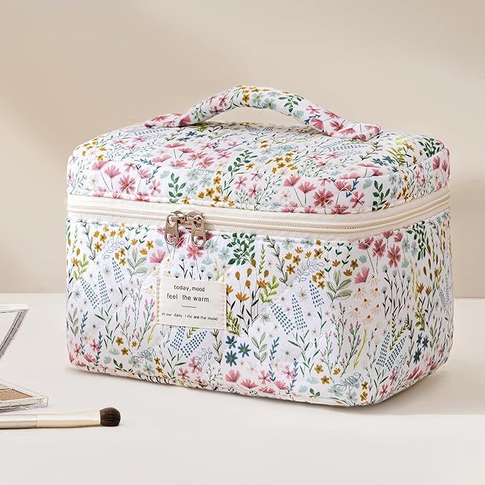 HBselect Quilted Makeup Bag, 3PCS Cotton Large Travel Makeup Bag, Cute Floral Coquette Make up Bag Cosmetic Bag Toiletry Bag for Women Girls