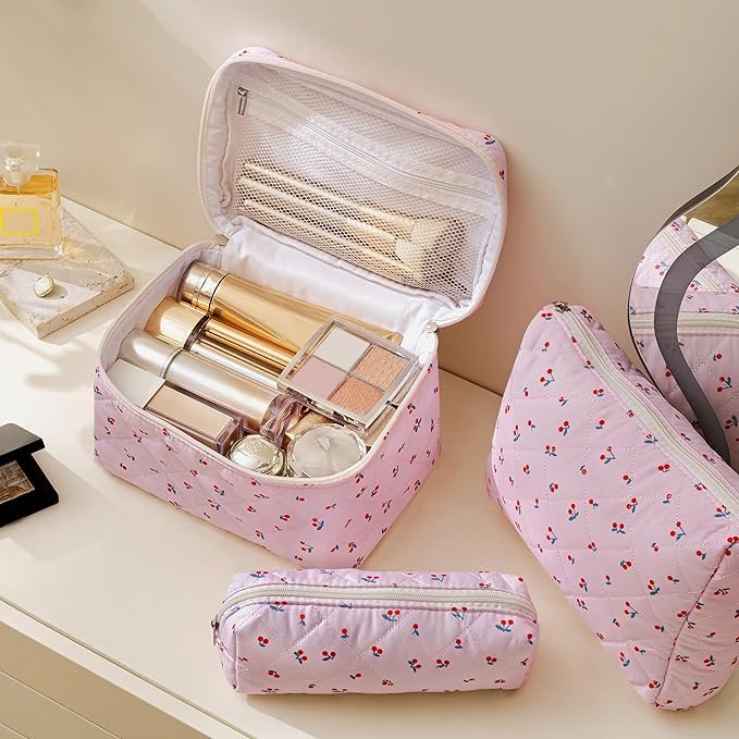 HBselect Quilted Makeup Bag, 3PCS Cotton Large Travel Makeup Bag, Cute Floral Coquette Make up Bag Cosmetic Bag Toiletry Bag for Women Girls