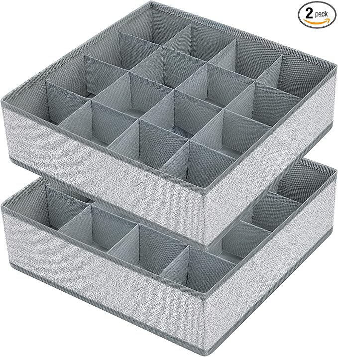 Joyoldelf Sock Drawer Organizer Divider Underwear Organizer 16-cell Fabric Dresser Drawer Organizers Storage Boxes for Socks, Lingerie, Handkerchiefs, Ties 2 Packs Gray