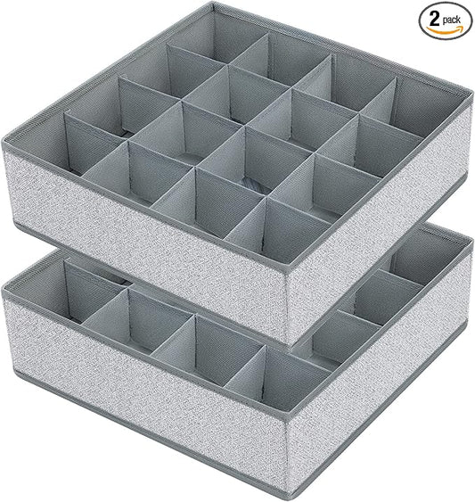 Joyoldelf Sock Drawer Organizer Divider Underwear Organizer 16-cell Fabric Dresser Drawer Organizers Storage Boxes for Socks, Lingerie, Handkerchiefs, Ties 2 Packs Gray