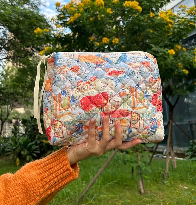 PAZIMIIK Quilted Makeup Bag Large Travel Zipper Soft Cosmetic Pouch for Women Girls Make Up, Little Bunny