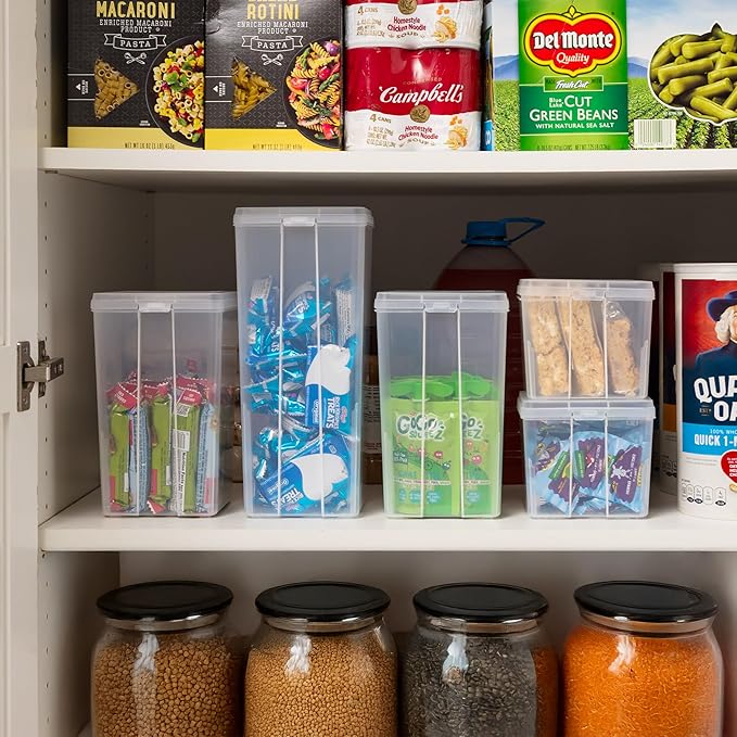 IRIS USA Vertical Plastic Flip Top Storage Containers Bins with Lids for Pantry, Home, Office, Organization, Large, Stackable Hinged Organizer with Latches, Clear, 6 Pack
