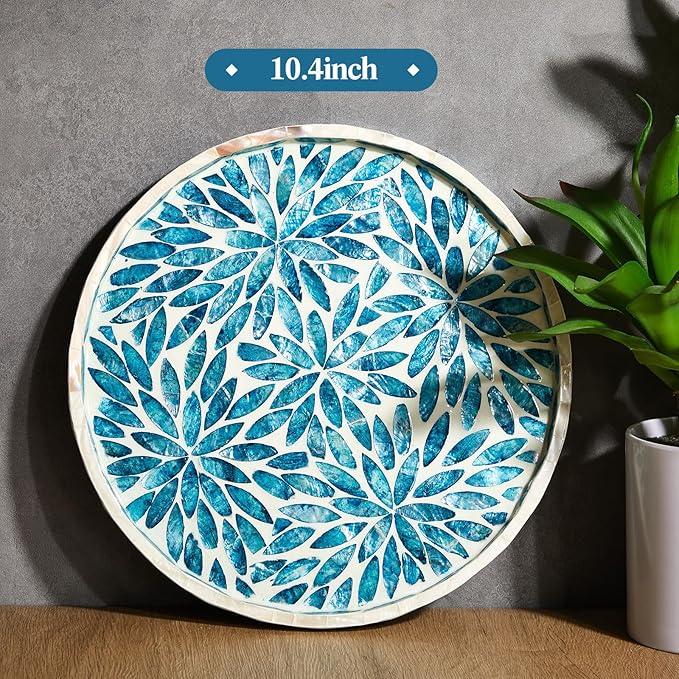 Chunful Mother of Pearl Round Serving Tray 10 Inch Wood Coffee Table Tray for Tea Breakfast Kitchen Cabinet (Leaf Style)