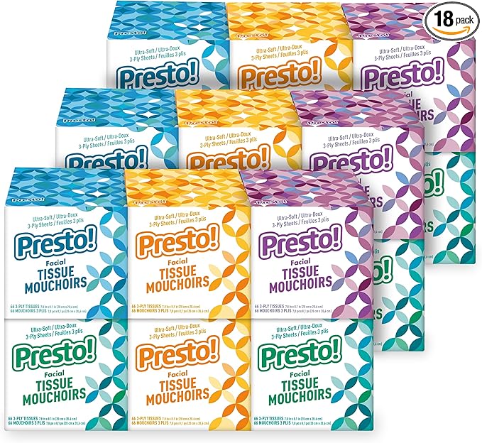 Amazon Brand - Presto! Ultra-Soft 3-Ply Premium Facial Tissues, Colorful Boxes, 1188 Count (18 Packs of 66), (Packaging May Vary)