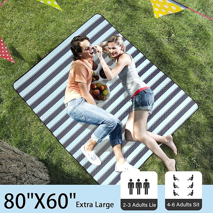 HX&OD Extra Large Picnic Outdoor Blanket, 80”x60” Waterproof Picnic Mat Foldable Camping Blanket Portable with Carry Strap for Beach Mat Outdoor Camping Party (Grey&Green)