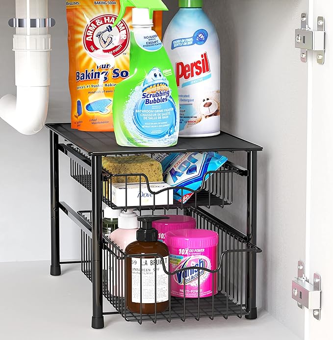 Simple Houseware Stackable Sliding Basket Organizer Drawer, Black, 2-Tier