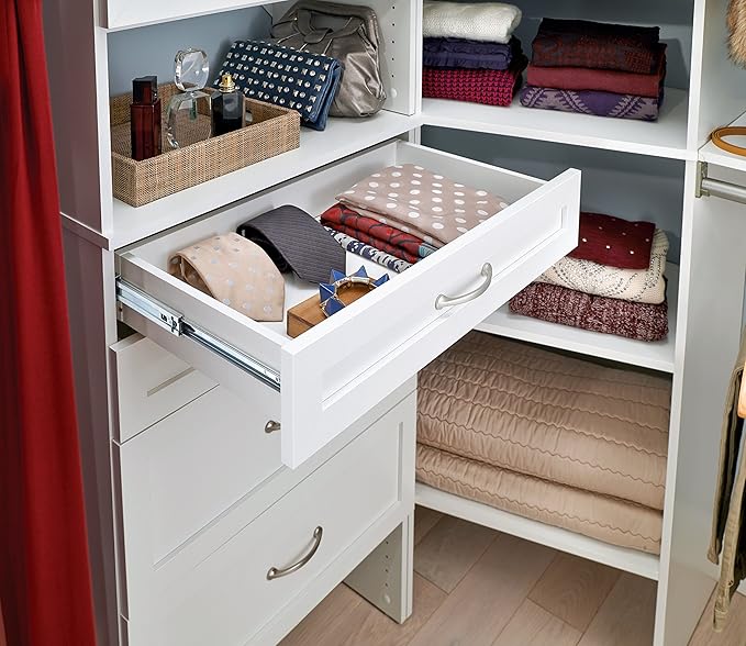ClosetMaid SuiteSymphony Wood Closet Drawer, Add On Accessory, Shaker Style, For Storage, Closet, Clothes, 25” x 5” Size for 25 in. Units, Pure White