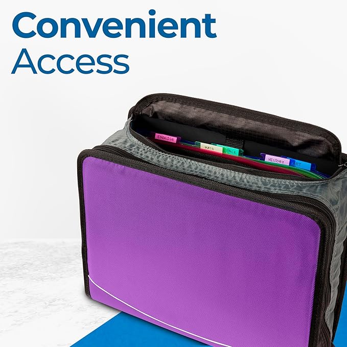 Case-it Mighty Zip Tab School Zipper Binder | 3-Inch O-Rings, 600-Sheet Capacity, 5-Subject Expanding File Folder, Multiple Pockets & Storage Organizer, Shoulder Strap | D-146 Deep Purple | 6 Pack