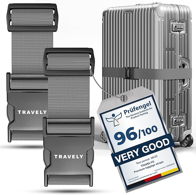 TRAVELY Luggage Straps - Particularly conspicuous & Secure - Incl. 2 Name Tags - Luggage Strap Ideal crosswise - [Set of 2]