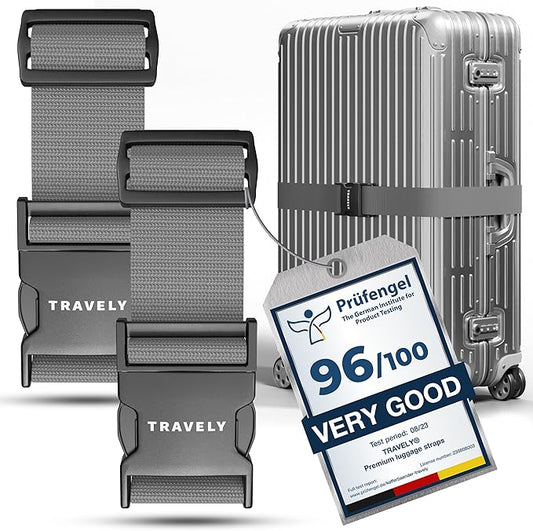 TRAVELY Luggage Straps - Particularly conspicuous & Secure - Incl. 2 Name Tags - Luggage Strap Ideal crosswise - [Set of 2]