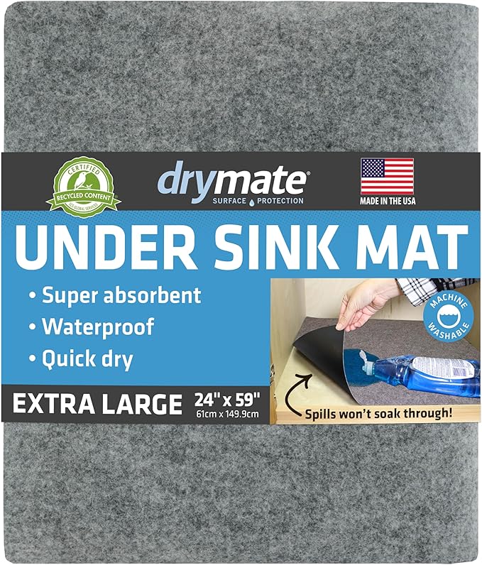 Drymate Premium XL Under Sink Mat, Waterproof Cabinet Protection Mats for Kitchen & Bathroom, Absorbent Shelf Liners, Slip-Resistant, Non-Adhesive, Machine Washable (USA Made)(24”x59”)(Light Grey)