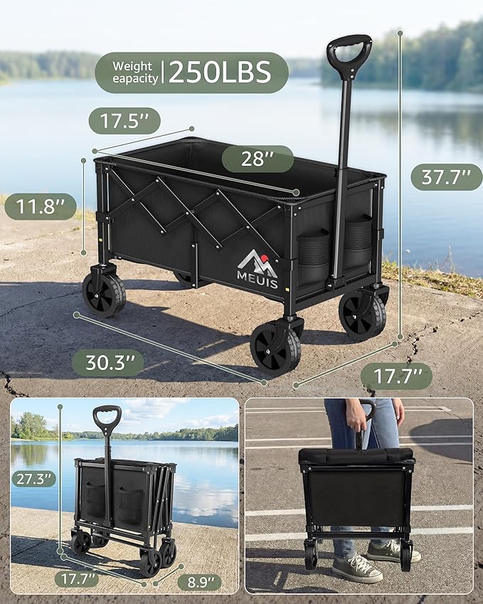 Collapsible Wagon Cart with Wheels - 250LBS Heavy Duty Folding Wagon for Groceries Shopping Outdoor Apartment Portable Foldable Utility Grocery Trolley, Black, L