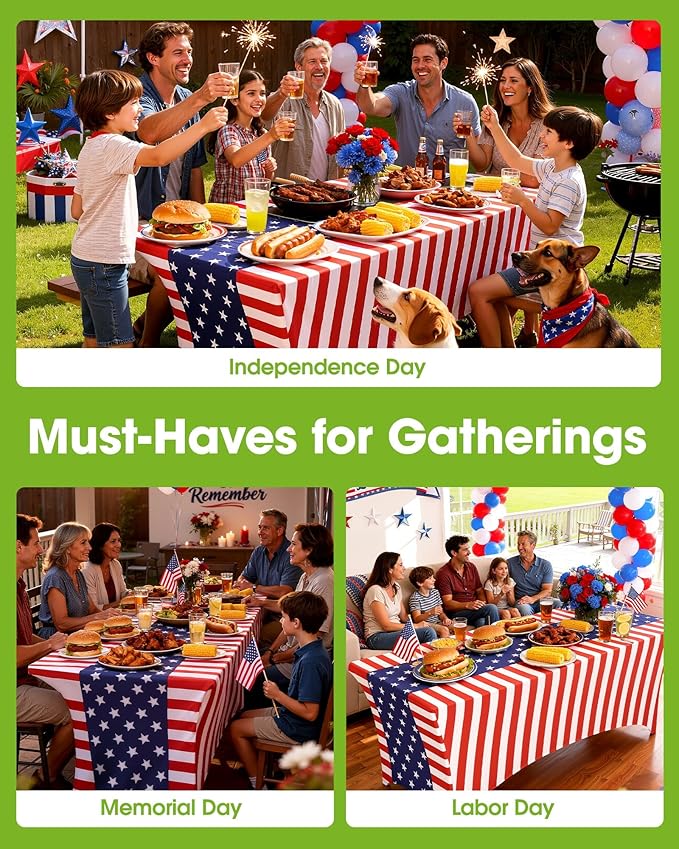 Pureegg 4th of July USA 250th Anniversary Spandex Tablecloth 6ft - 2 Pack, Patriotic American Flag Fitted Stretch Table Cover for 6 ft Rectangle Table, Tablecloth for Independence Day Party