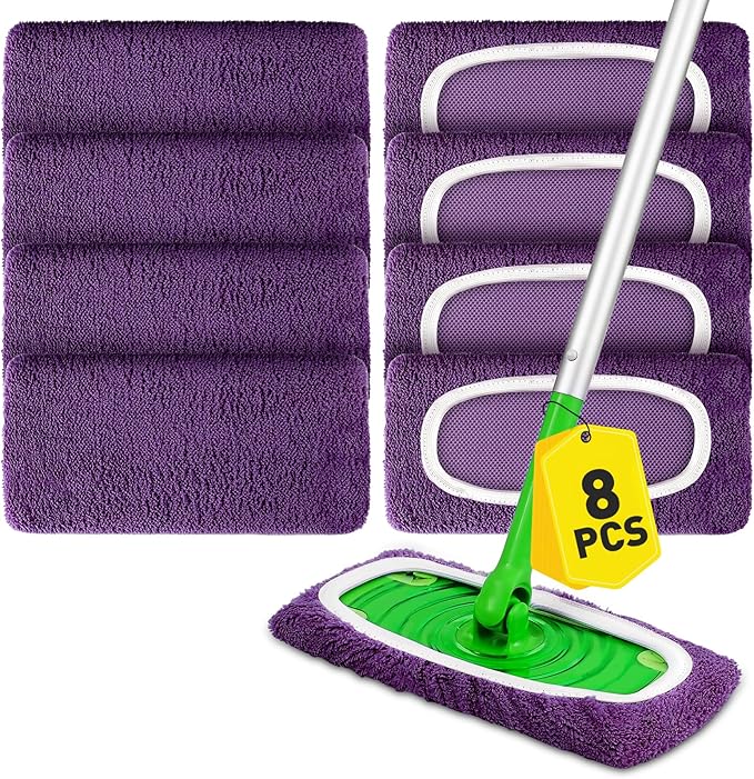 Microfiber Mop Pads,8Pcs Purple Reusable Mop Pads Compatible with Swiffer Sweeper,Dry Flat mop Cover & Washable Wet Pads Refill for Floor Cleaning