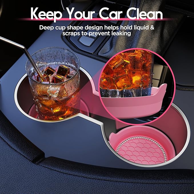 Amooca Car Cup Coaster Universal Non-Slip Cup Holders Bling Crystal Rhinestone Car Interior Accessories 4 Pack Peach Pink