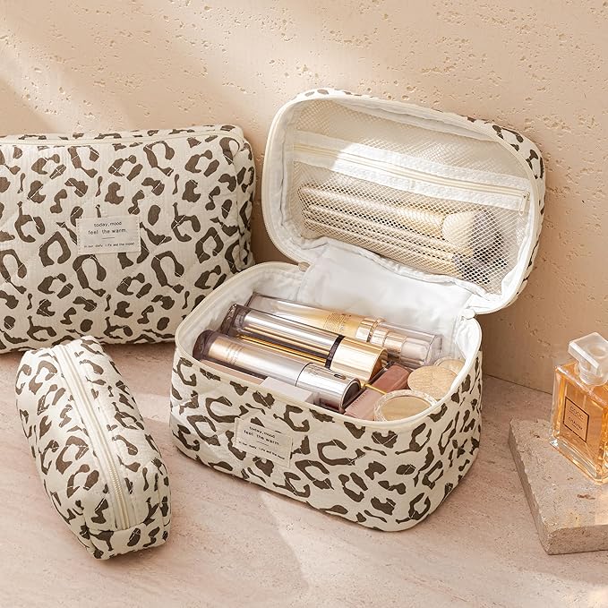 HBselect Quilted Makeup Bag, 3PCS Cotton Large Travel Makeup Bag, Cute Floral Coquette Make up Bag Cosmetic Bag Toiletry Bag for Women Girls