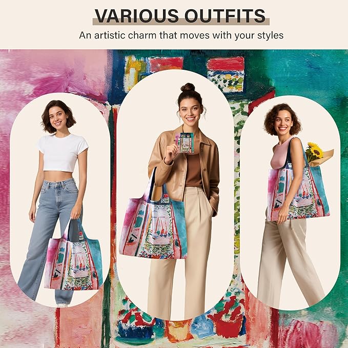 Reusable Grocery Bags, Oil Painting Art Tote Bags With Carry Pouch Waterproof Shopping Bags for Travel Daily Use