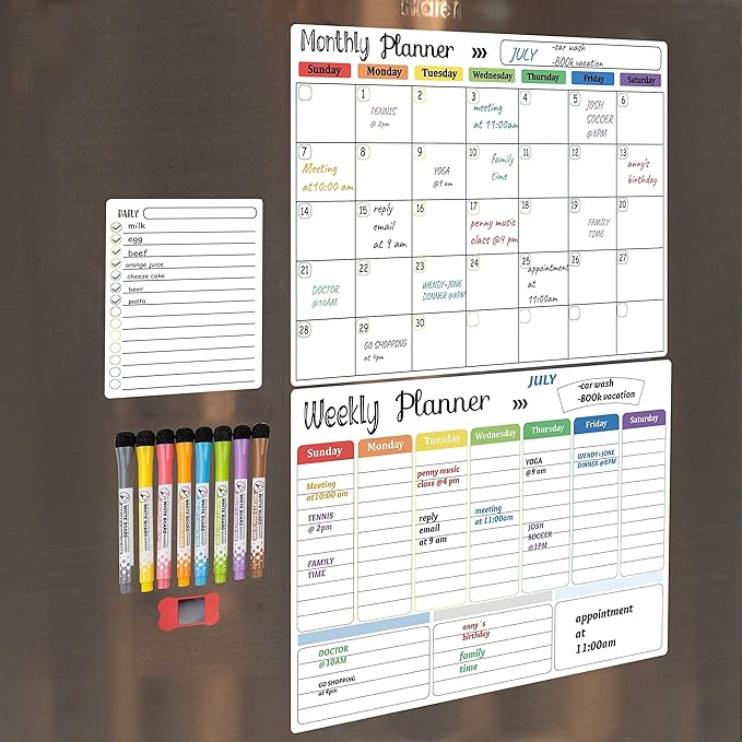 Hivillexun Magnetic Dry Erase Calendar Whiteboard Set (3-Pack) for Fridge, Wall, and Refrigerator Organization – Monthly, Weekly, and Daily Planners with 8 Markers and Eraser