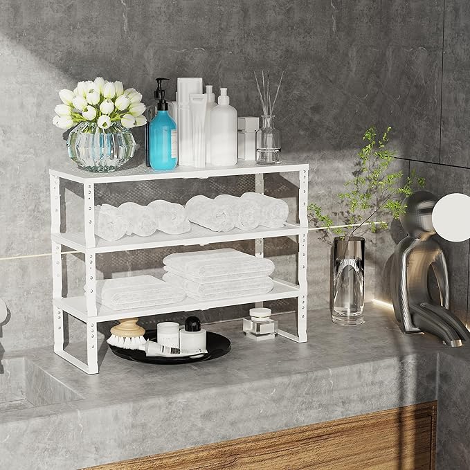 Jojocross Expandable Adjustable Stackable Kitchen Organizer, Spice Rack,Metal Pantry Storage Shelves Racks,Counter Shelf for Cabinets, Countertop, Cupboard (1 Pack/Large/White)
