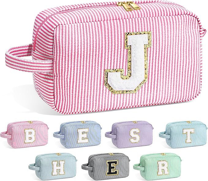YOOLIFE Initial Makeup Bag for Women - Monogram Cute Pink Makeup Bags Cosmetic Toiletry Pouch Make Up Case for Women Her Best Friend Friendship Sister Teacher, Personalized Birthday Gifts for Women J