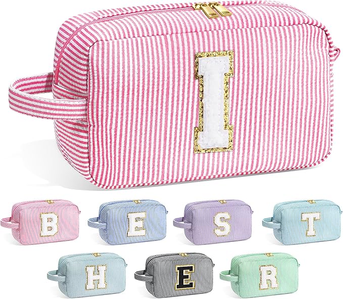 YOOLIFE Initial Cosmetic Bag for Women - Monogram Cute Pink Makeup Bag Cosmetic Toiletry Pouch Make Up Case for Women Her Best Friend Friendship Sister Teacher, Personalized Birthday Gifts for Women I