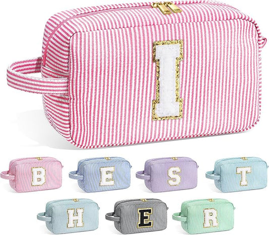 YOOLIFE Initial Cosmetic Bag for Women - Monogram Cute Pink Makeup Bag Cosmetic Toiletry Pouch Make Up Case for Women Her Best Friend Friendship Sister Teacher, Personalized Birthday Gifts for Women I