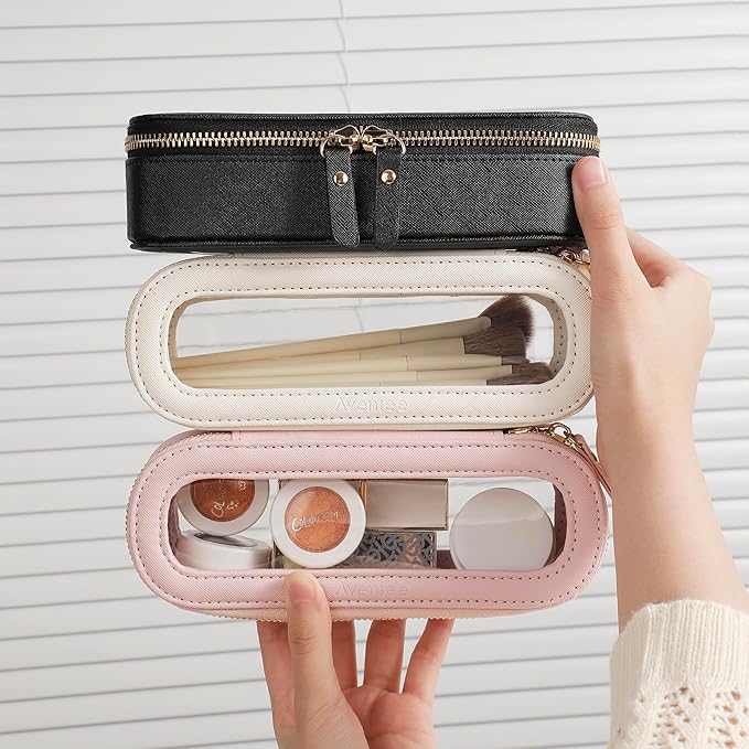 Aveniee Slim Clear Makeup Brush Bag, Small Cosmetic Brush Holder, Mini Toiletry Bag Travel Case for Women, Thin Make up Bags with Dual Zipper, Cute Travel Essentials Bag Organize - Taupe